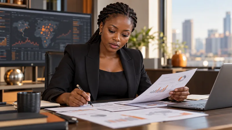 African financial crime analyst reviewing transaction charts and documents