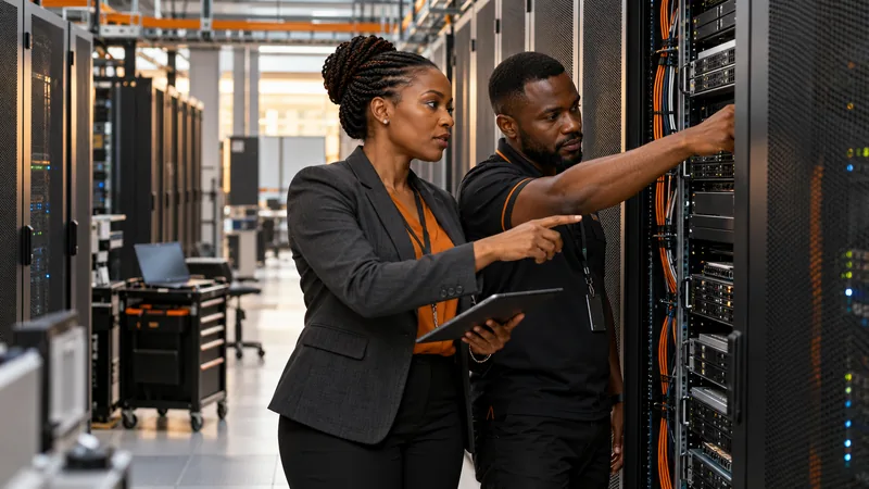 African infrastructure engineers inspecting enterprise servers in a data centre