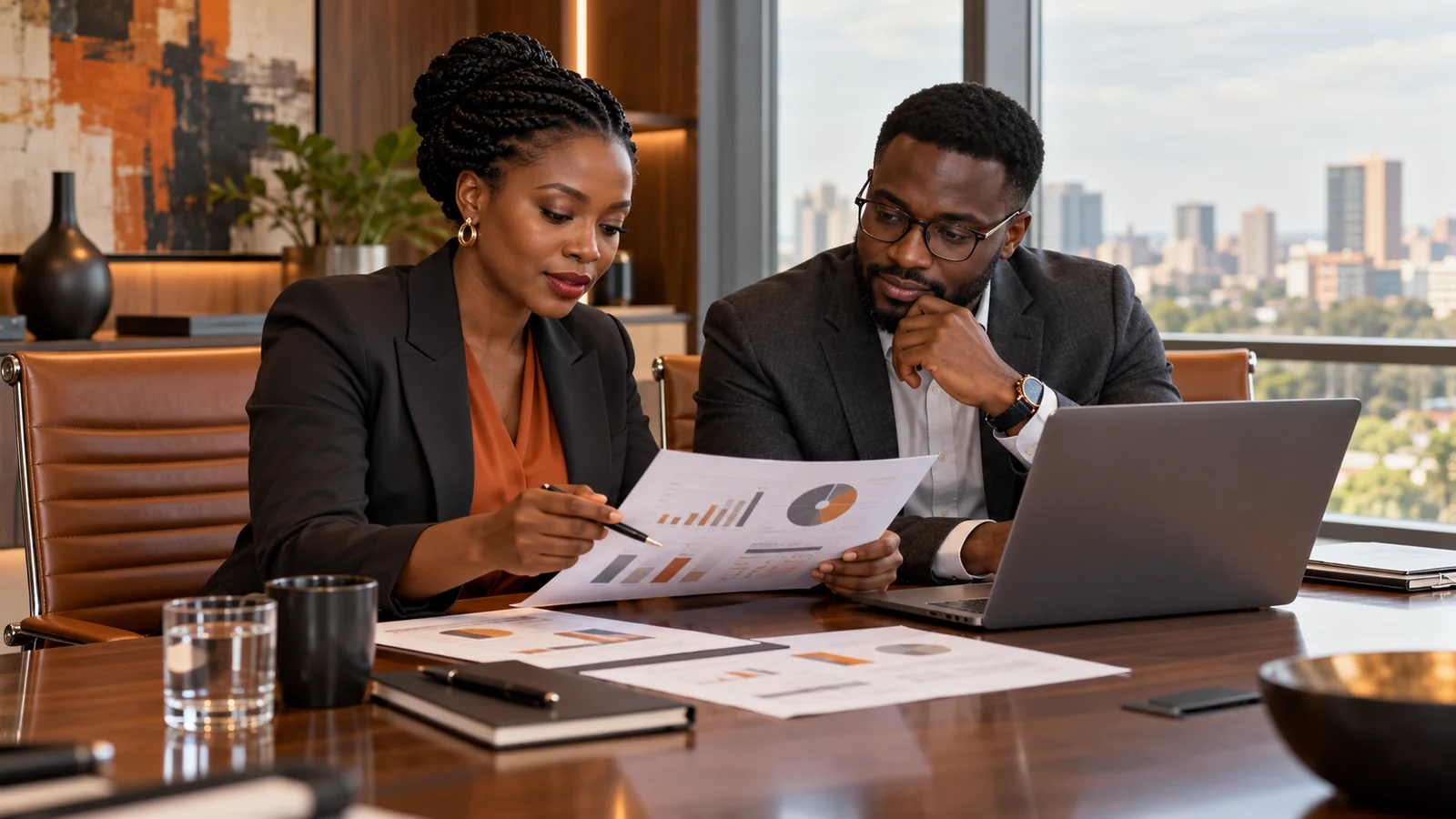 African finance director and cloud engineer reviewing technology costs