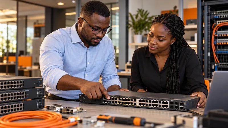 African IT specialists inspecting enterprise networking equipment