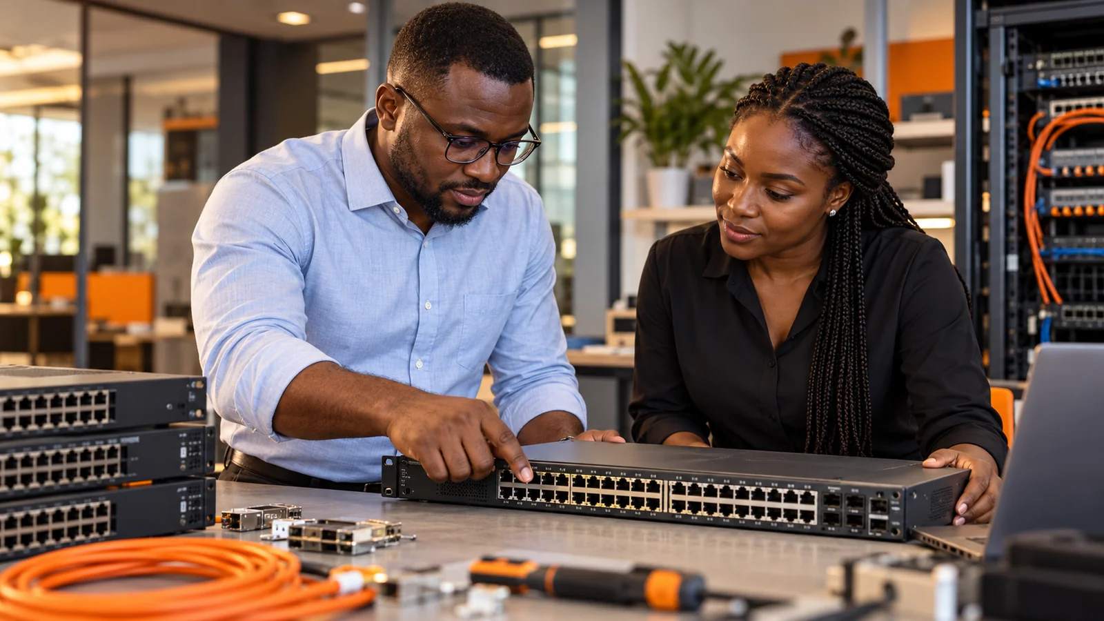 African IT specialists inspecting enterprise networking equipment