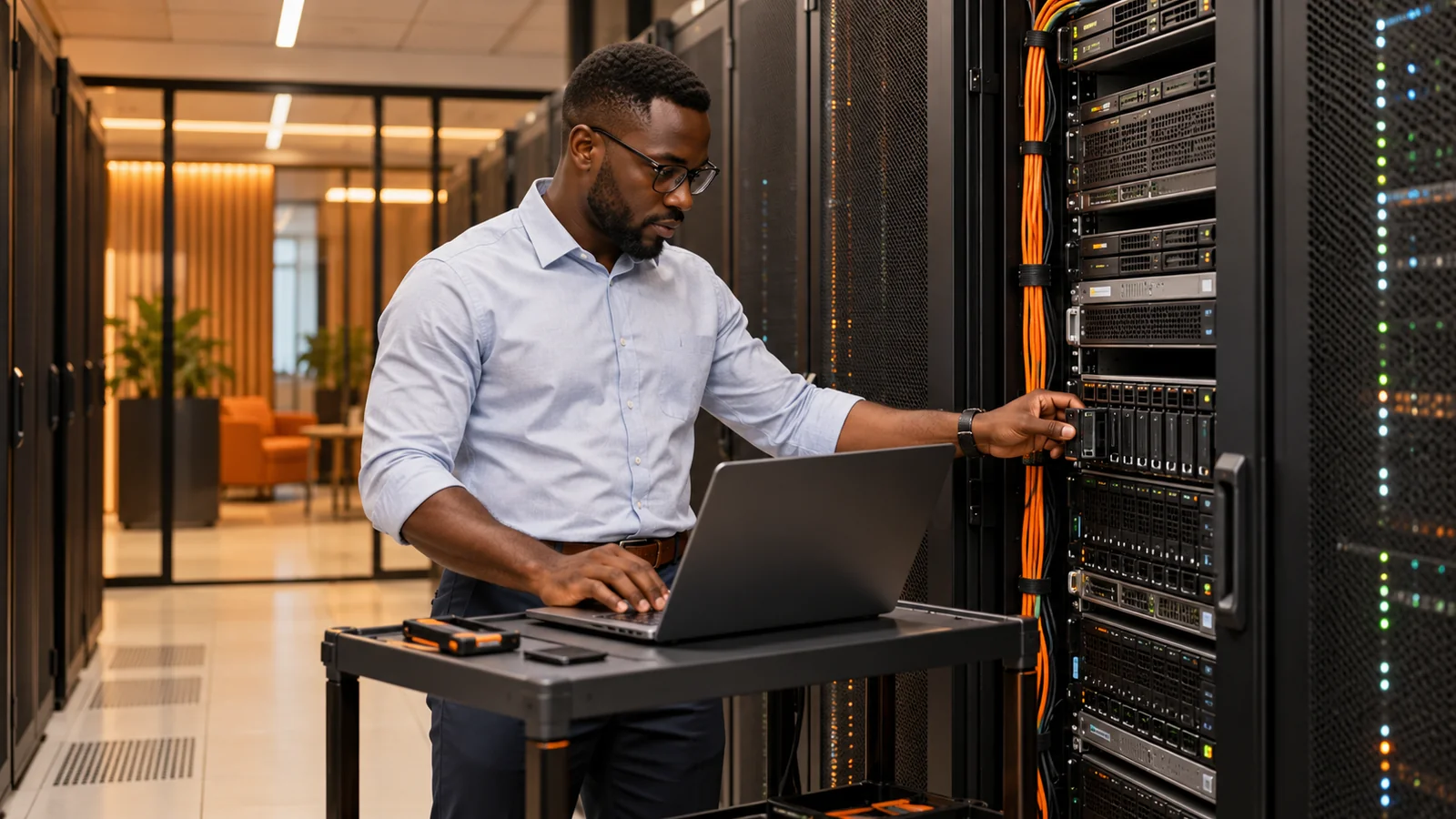 African infrastructure engineer checking enterprise backup equipment
