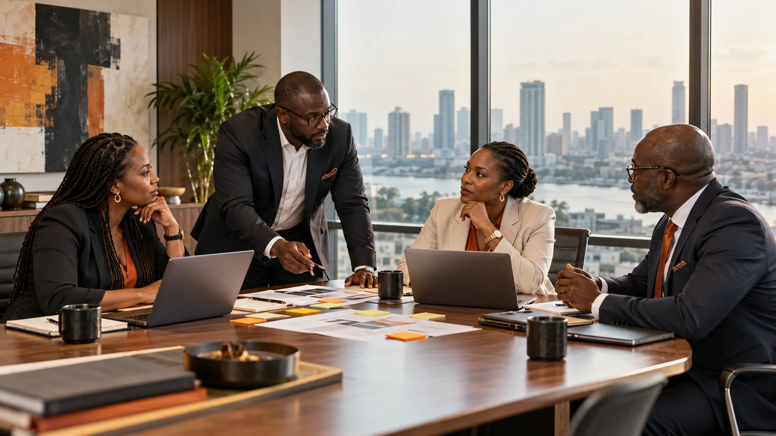 African business leaders discussing a technology roadmap in a boardroom