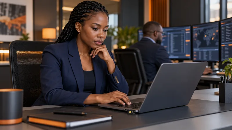African cybersecurity specialist reviewing access controls at a business laptop