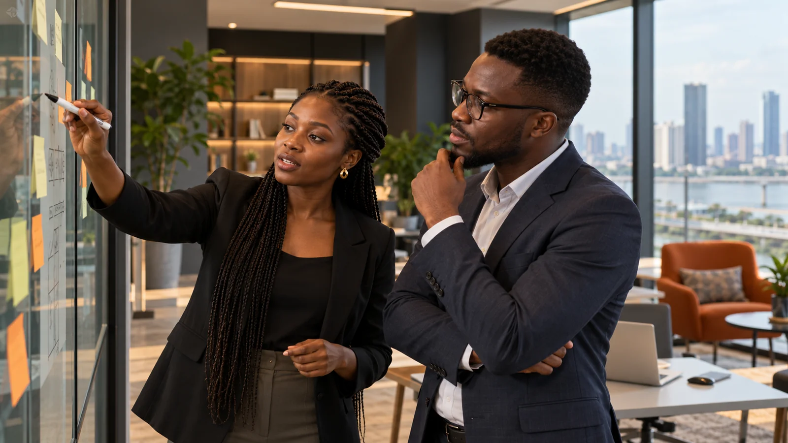 African software engineers collaborating at a glass planning board in a modern office
