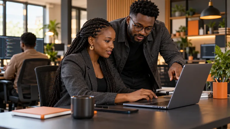 African software developers reviewing code in a professional studio