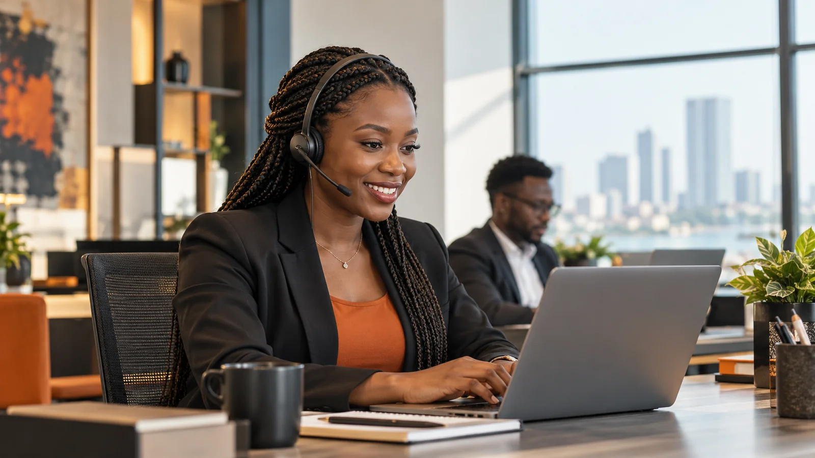 African customer support professional using a headset in a modern corporate office
