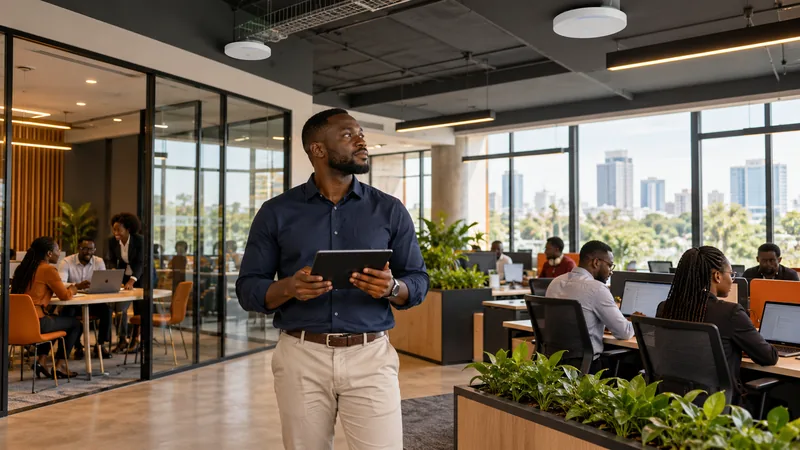 African network engineer surveying wireless connectivity in a corporate office