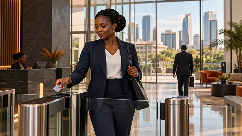 African executive using an access badge at a secure office entrance