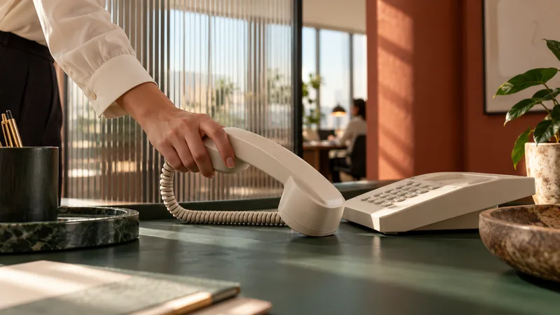 A hand picking up an ivory telephone on a green office desk